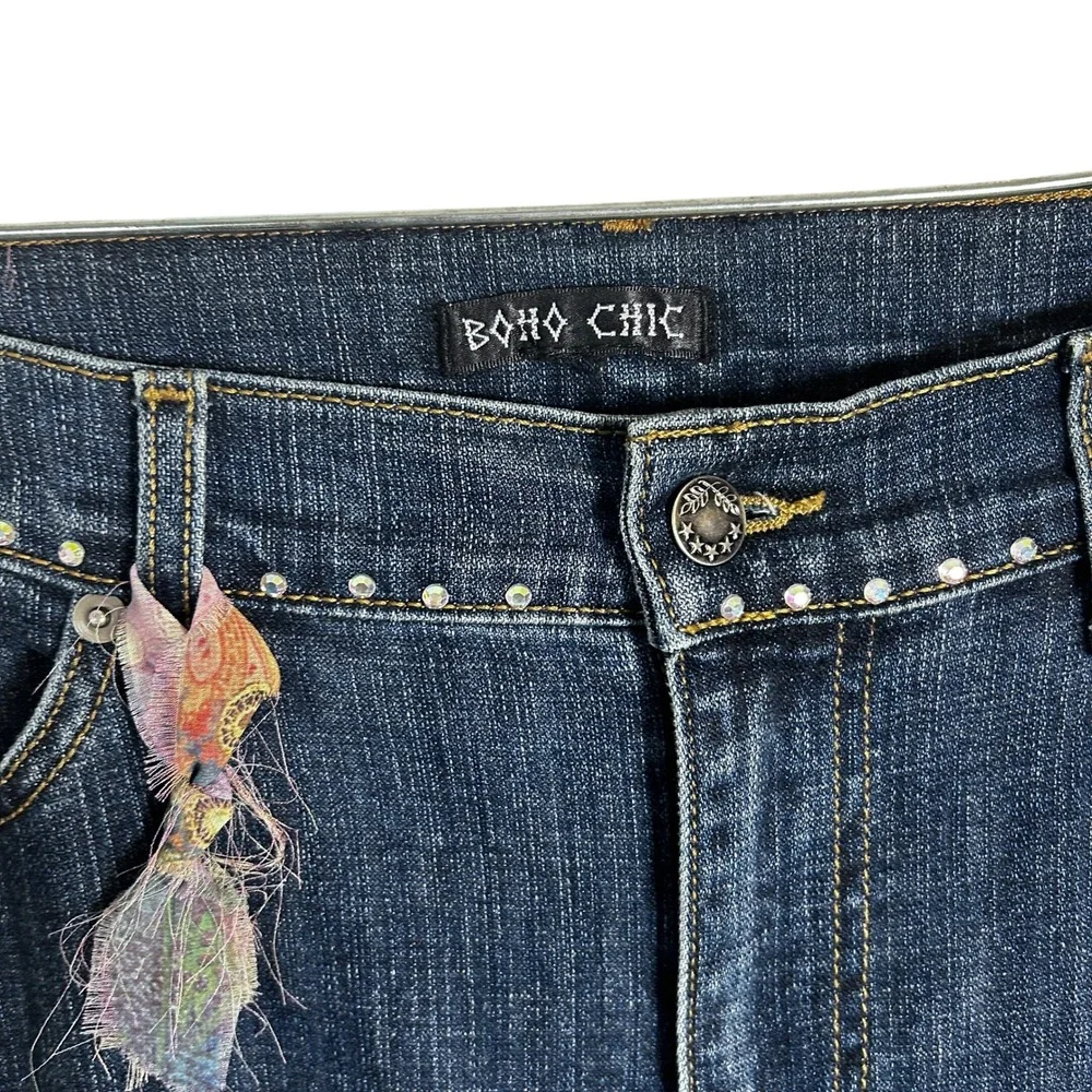 Boho Chic Embellished Denim Jeans Blue Floral Rhinestone Tassel Cuff Women's - Picture 11 of 16